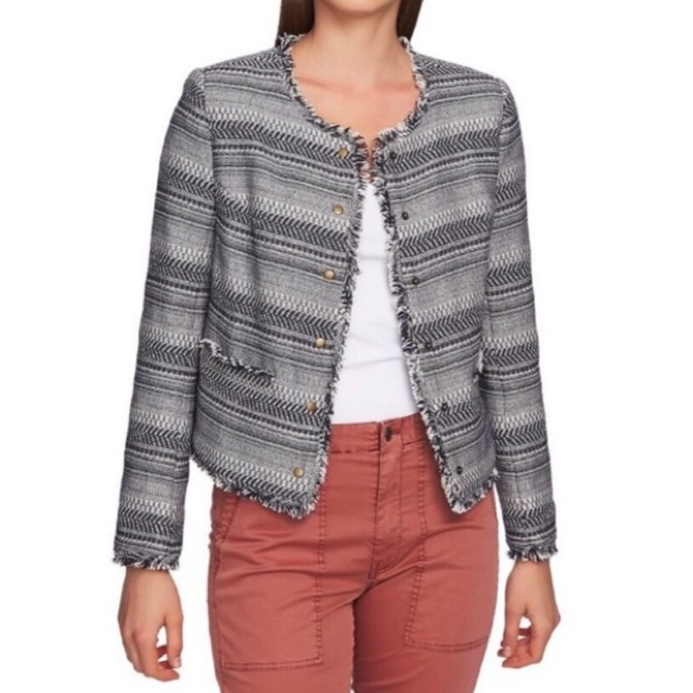 1. State Rustic Fringe Tweed Jacket Women’s Size L Snap Front Western Woven Boho